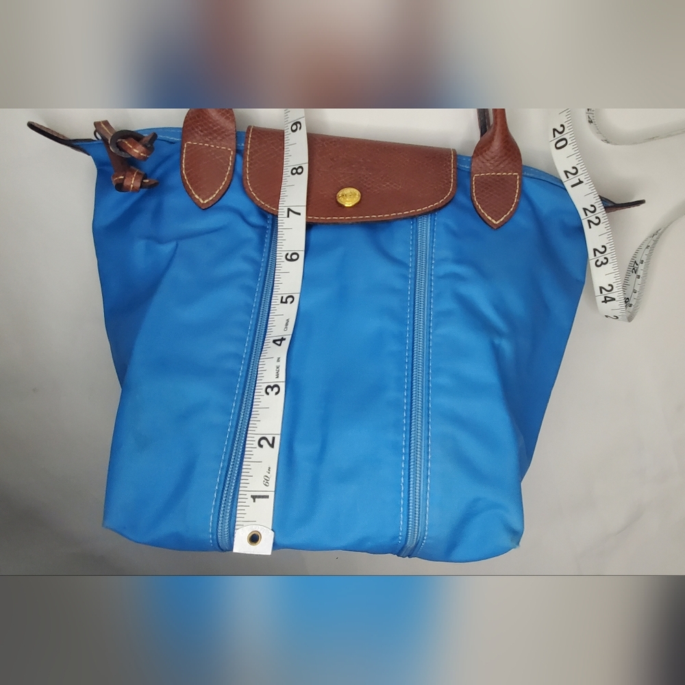 LONGCHAMP Stylish "Le Pliage"Small Expandable Top Handle Blue and Green Tote Bag - Picture 8 of 16
